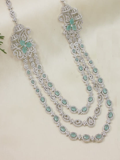 Three-Layer American Diamond Necklace Set with Mint and White Accents