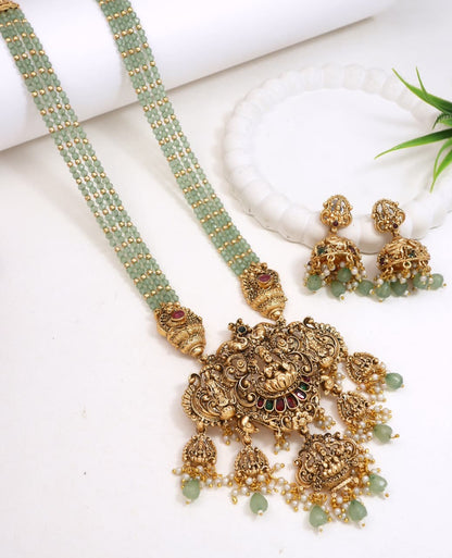 Antique Gold Temple Necklace Set with Lakshmi Pendant and Mint Beads