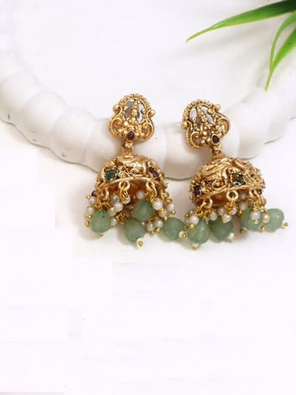 Antique Gold Temple Necklace Set with Lakshmi Pendant and Mint Beads