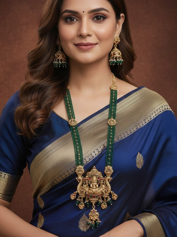 Traditional Temple Necklace Set with Antique Gold Lakshmi Pendant & Green Beads