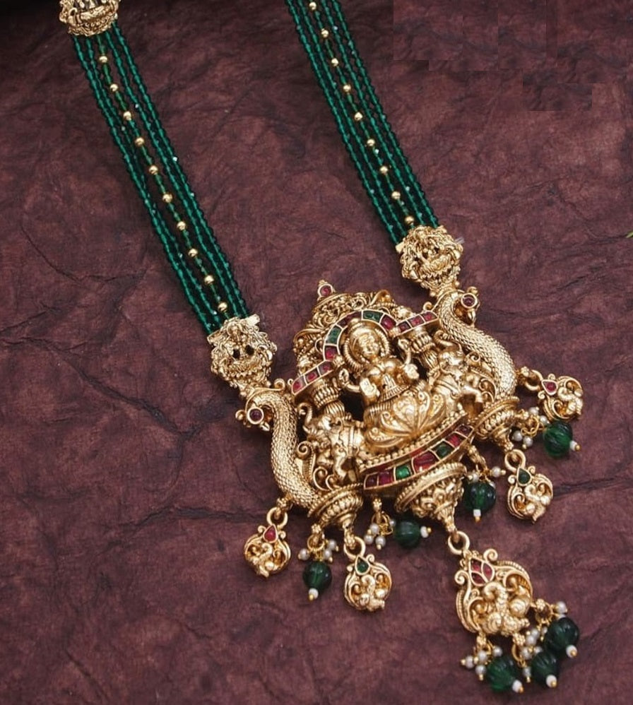 Traditional Temple Necklace Set with Antique Gold Lakshmi Pendant & Green Beads