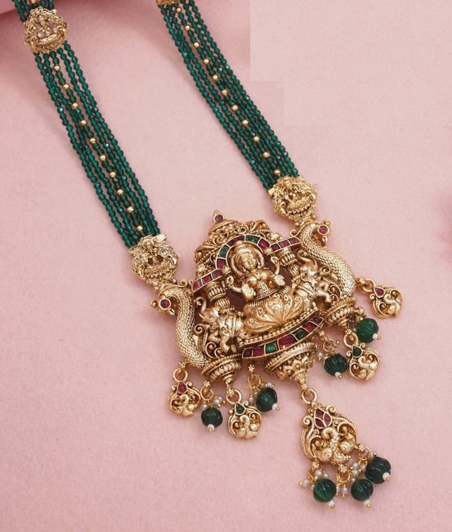 Traditional Temple Necklace Set with Antique Gold Lakshmi Pendant & Green Beads