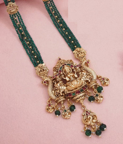Traditional Temple Necklace Set with Antique Gold Lakshmi Pendant & Green Beads