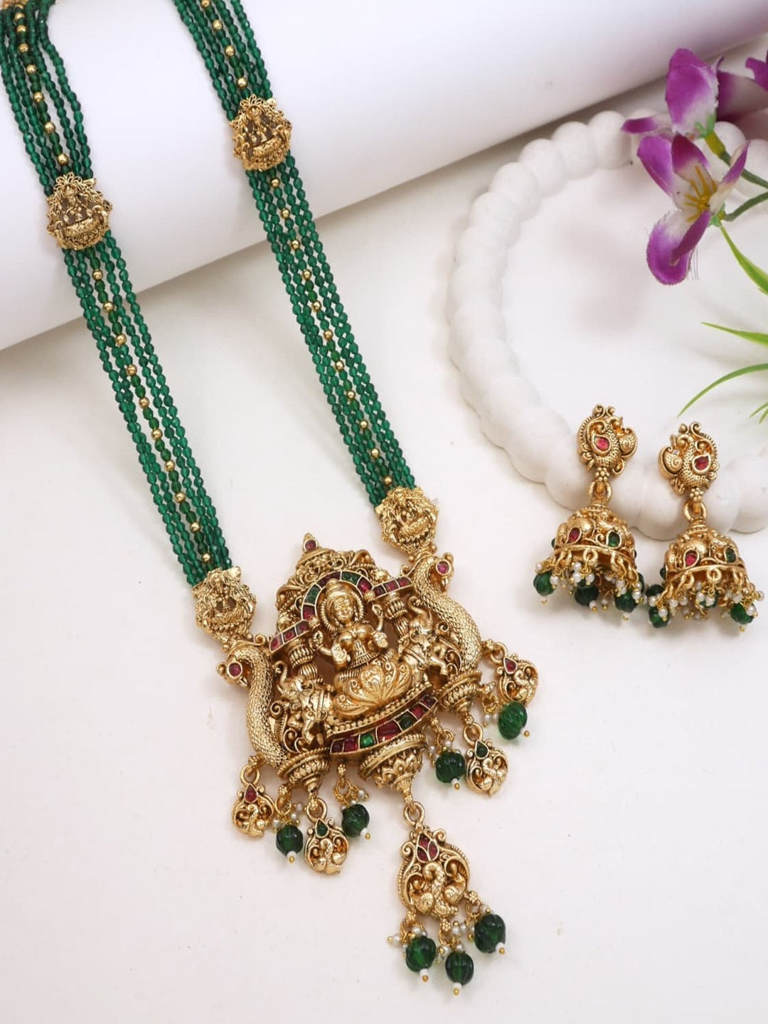 Traditional Temple Necklace Set with Antique Gold Lakshmi Pendant & Green Beads