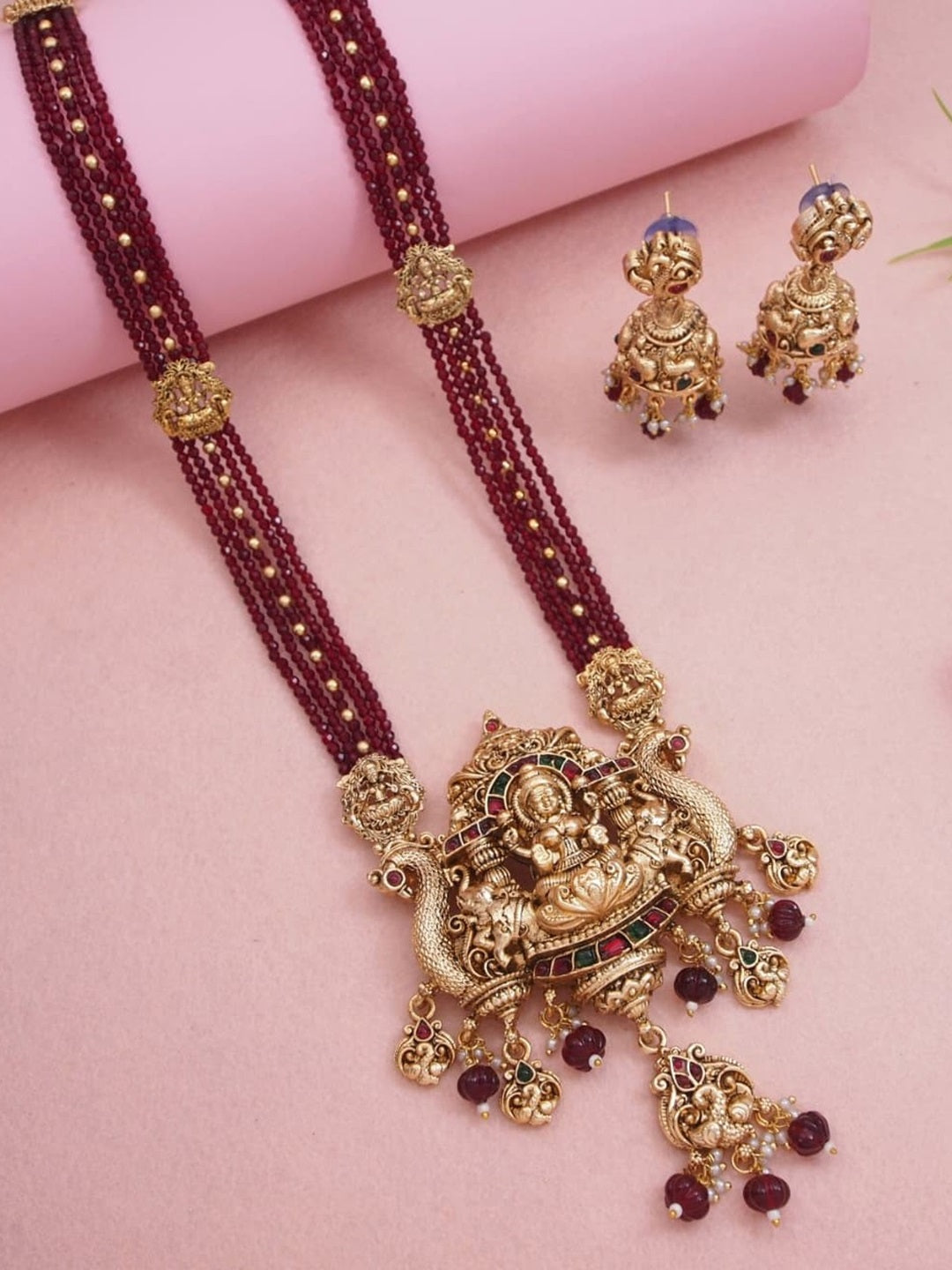 Traditional Temple Necklace Set with Antique Gold Lakshmi Pendant & Ruby Beads