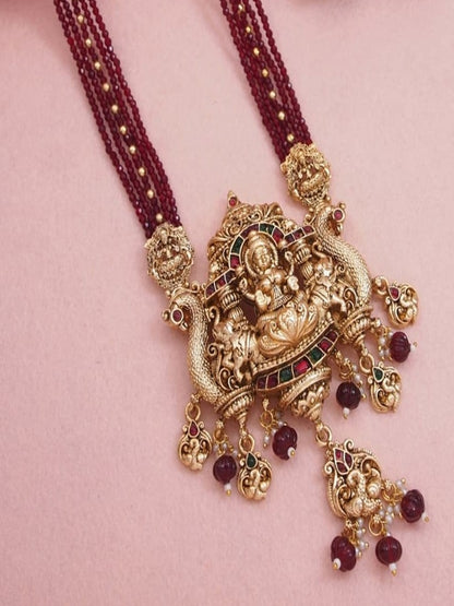 Traditional Temple Necklace Set with Antique Gold Lakshmi Pendant & Ruby Beads