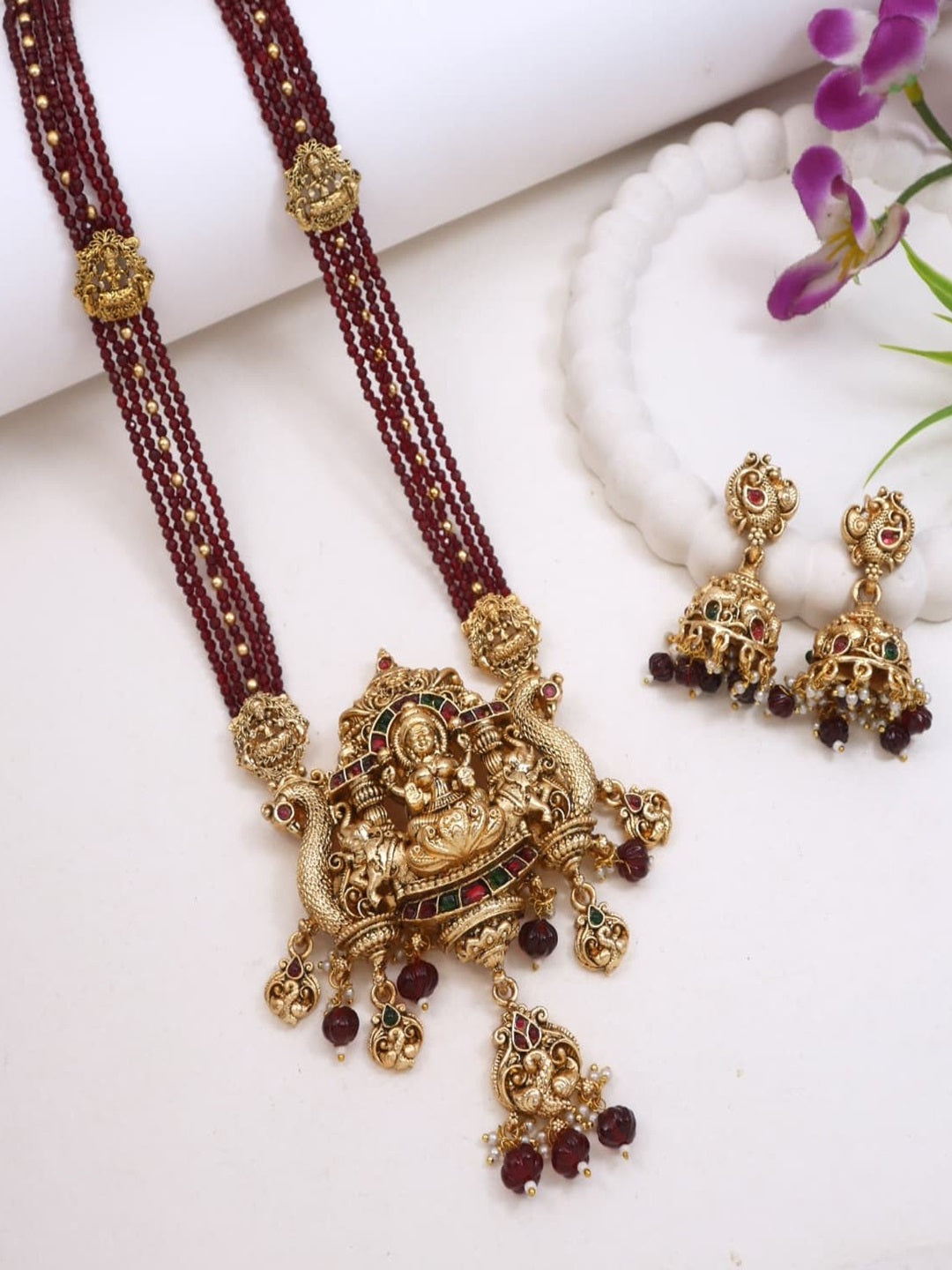 Traditional Temple Necklace Set with Antique Gold Lakshmi Pendant & Ruby Beads