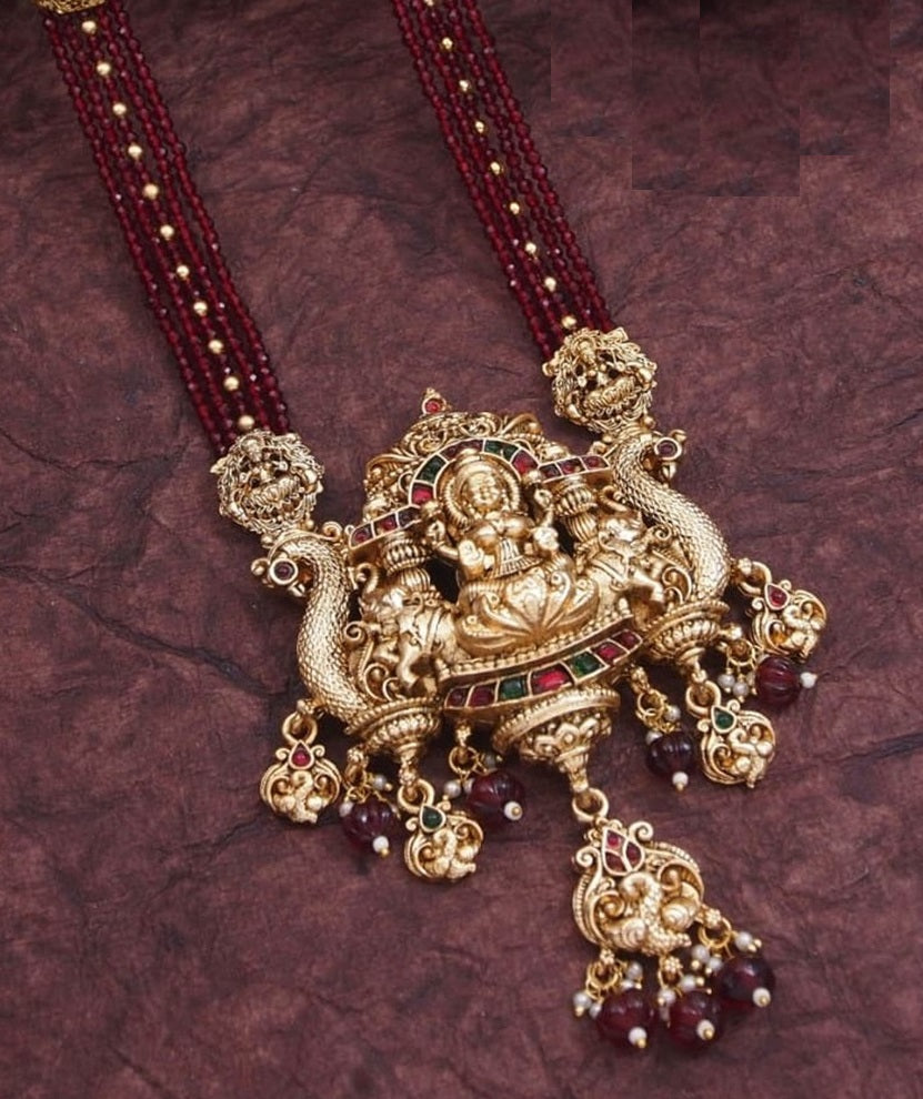 Traditional Temple Necklace Set with Antique Gold Lakshmi Pendant & Ruby Beads