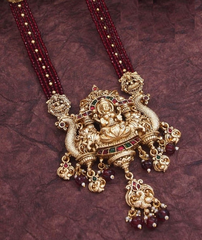 Traditional Temple Necklace Set with Antique Gold Lakshmi Pendant & Ruby Beads