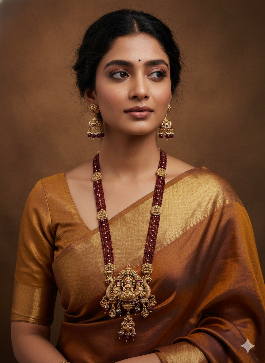 Traditional Temple Necklace Set with Antique Gold Lakshmi Pendant & Ruby Beads