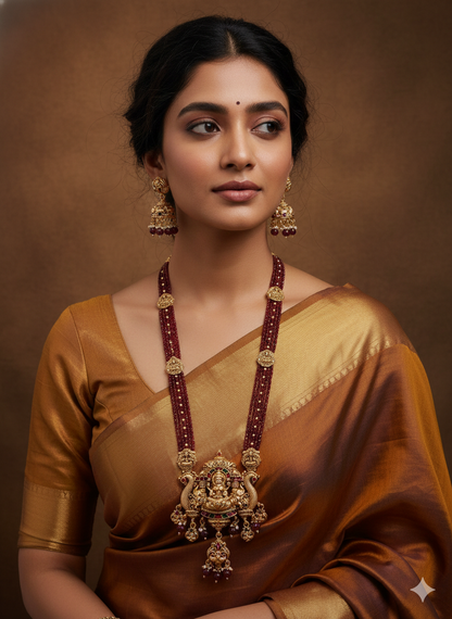 Traditional Temple Necklace Set with Antique Gold Lakshmi Pendant & Ruby Beads