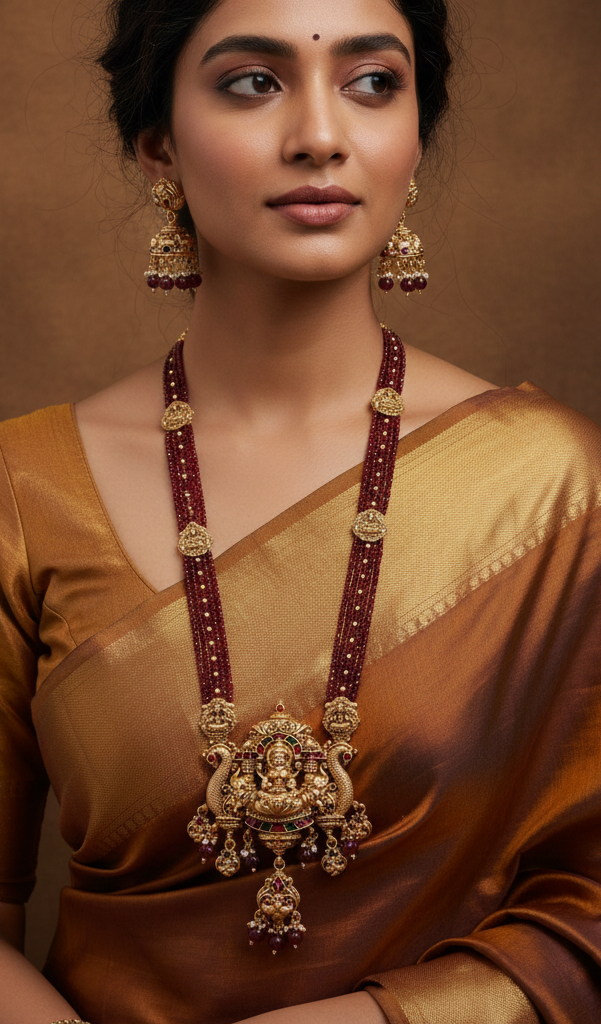 Traditional Temple Necklace Set with Antique Gold Lakshmi Pendant & Ruby Beads