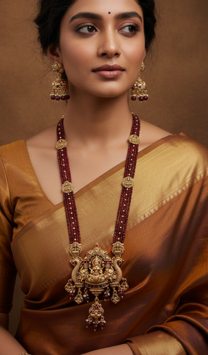 Traditional Temple Necklace Set with Antique Gold Lakshmi Pendant & Ruby Beads