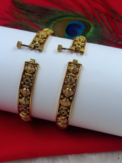 Gold-Plated Antique Temple Bangles with Multicolored Stones