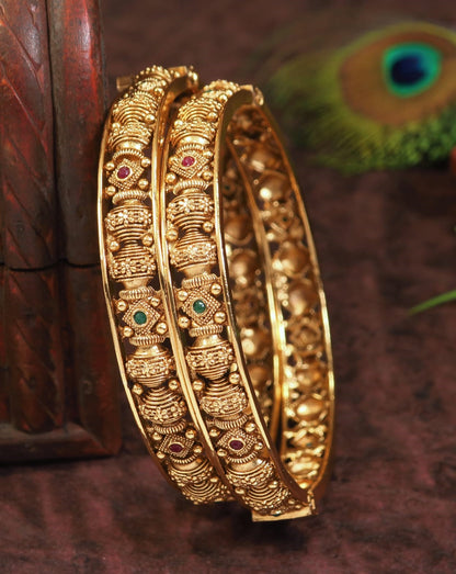 Gold-Plated Antique Temple Bangles with Multicolored Stones
