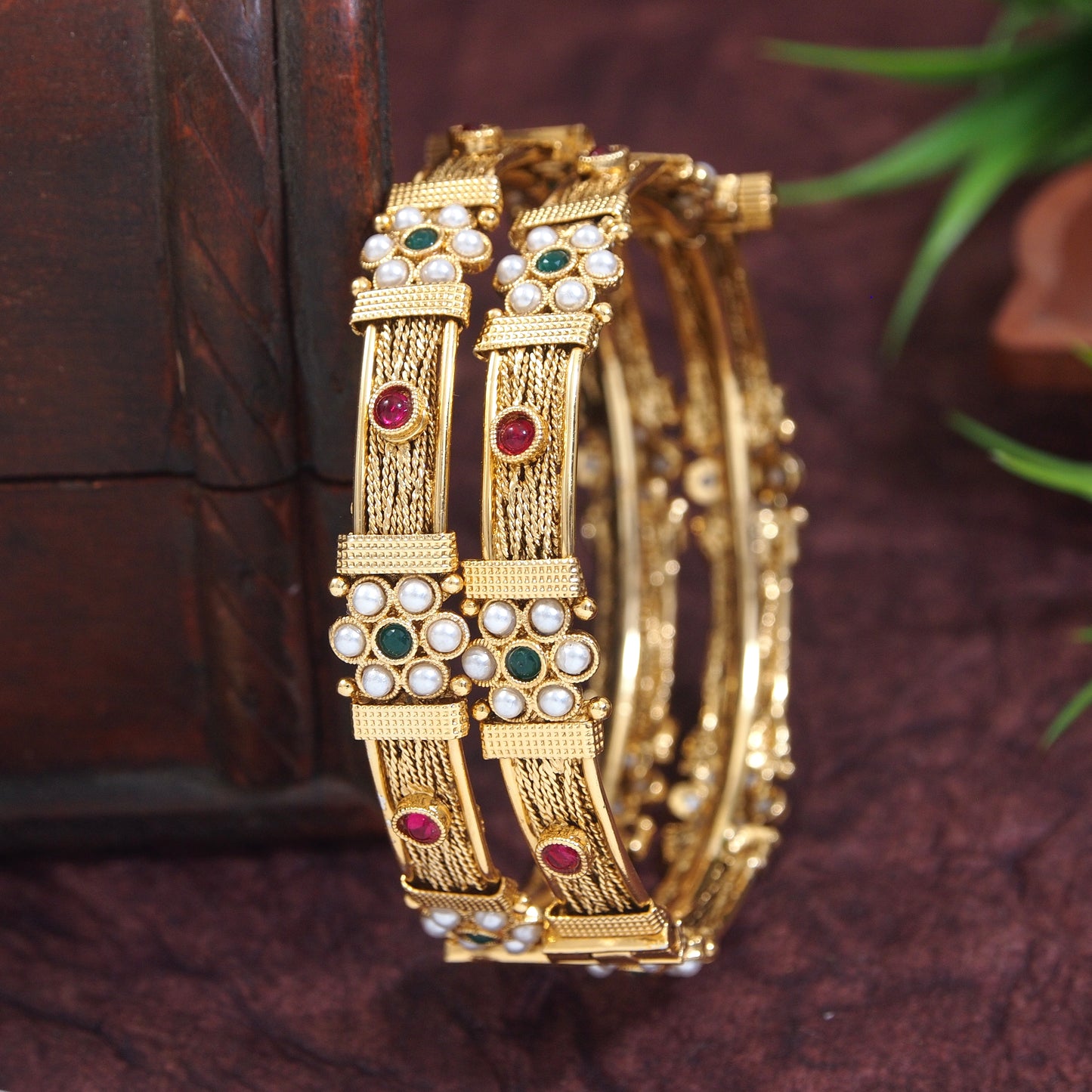 Gold-Plated Screw Brass Bangles with Pearl and Stone Detailing