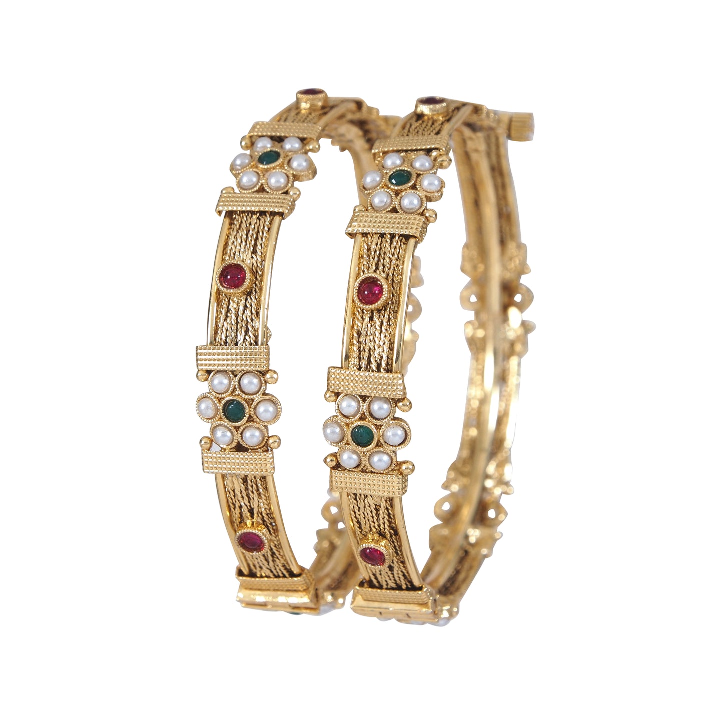 Gold-Plated Screw Brass Bangles with Pearl and Stone Detailing