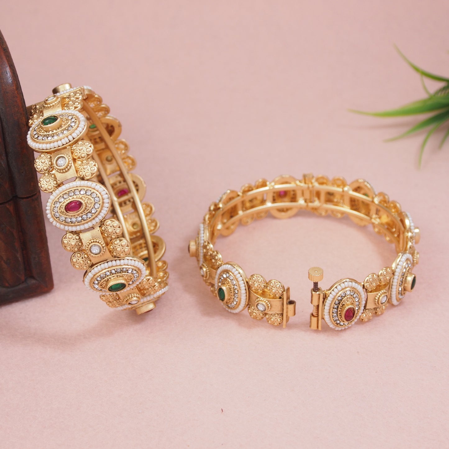 Regal Brass Screw Bangle Kada with Pearl, Meenakari & AD Work ? Openable Traditional Kada