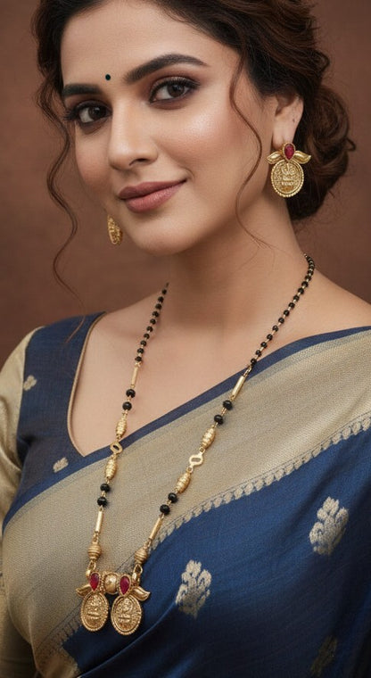 Antique Gold Matte Plated Mangalsutra Set with Coin Pendant & Red Stone Accents