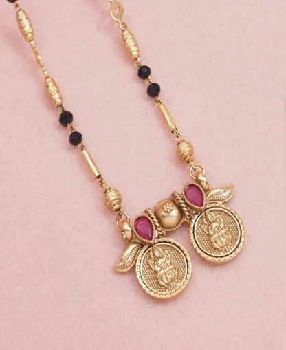 Antique Gold Matte Plated Mangalsutra Set with Coin Pendant & Red Stone Accents