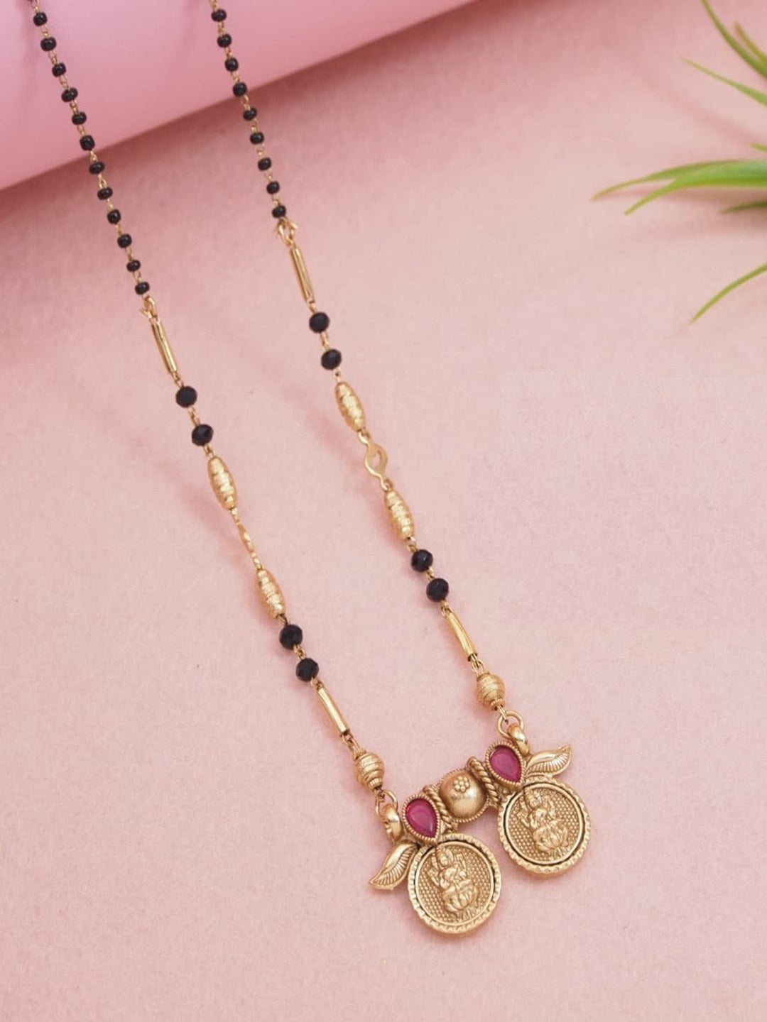Antique Gold Matte Plated Mangalsutra Set with Coin Pendant & Red Stone Accents