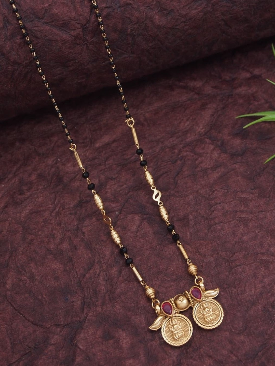 Antique Gold Matte Plated Mangalsutra Set with Coin Pendant & Red Stone Accents