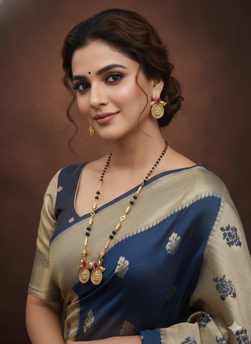 Antique Gold Matte Plated Mangalsutra Set with Coin Pendant & Red Stone Accents