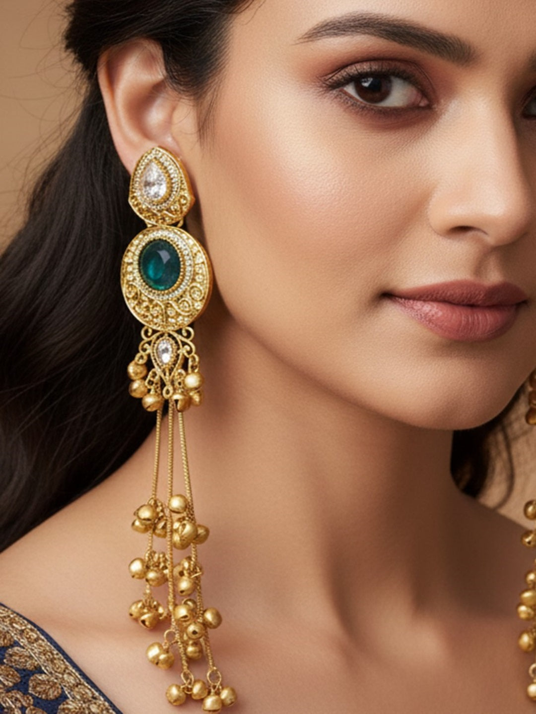 Gold-Plated Kashmiri Drop Long Earrings with Kundan Detailing & Ghungroo Work