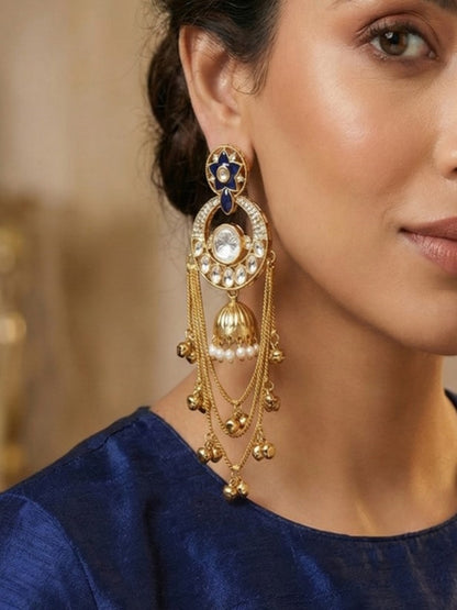 Royal Kashmiri Inspired Gold-Plated Earrings with Kundan and Ghungroo Drops