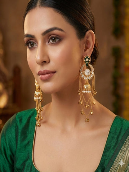 Royal Kashmiri Inspired Gold-Plated Earrings with Kundan and Ghungroo Drops