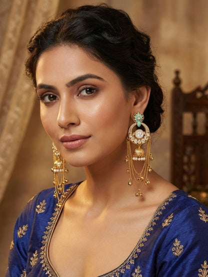 Royal Kashmiri Inspired Gold-Plated Earrings with Kundan and Ghungroo Drops