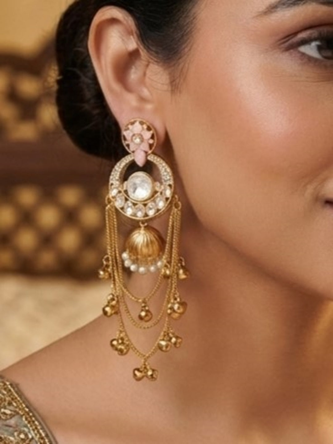 Royal Kashmiri Inspired Gold-Plated Earrings with Kundan and Ghungroo Drops