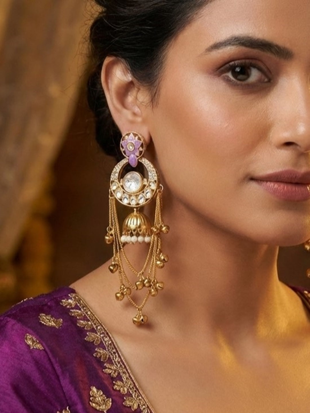 Royal Kashmiri Inspired Gold-Plated Earrings with Kundan and Ghungroo Drops