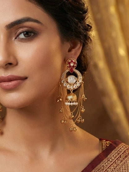 Royal Kashmiri Inspired Gold-Plated Earrings with Kundan and Ghungroo Drops