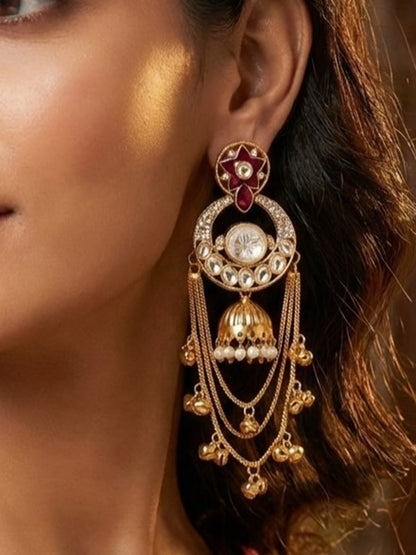 Royal Kashmiri Inspired Gold-Plated Earrings with Kundan and Ghungroo Drops
