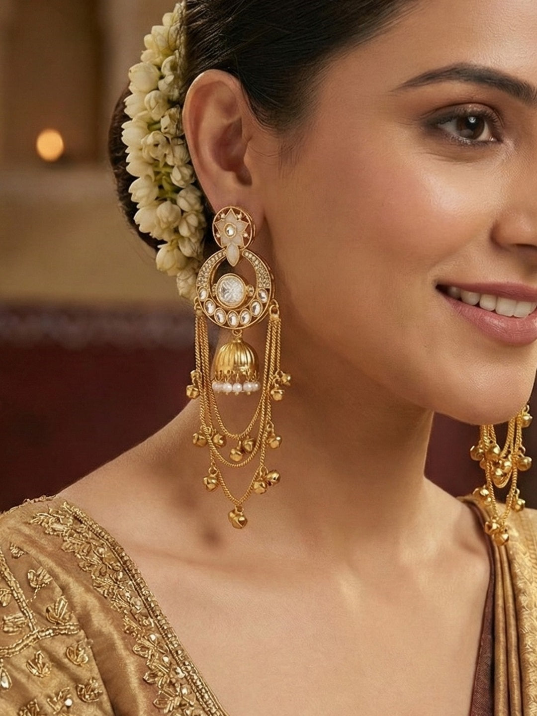 Royal Kashmiri Inspired Gold-Plated Earrings with Kundan and Ghungroo Drops