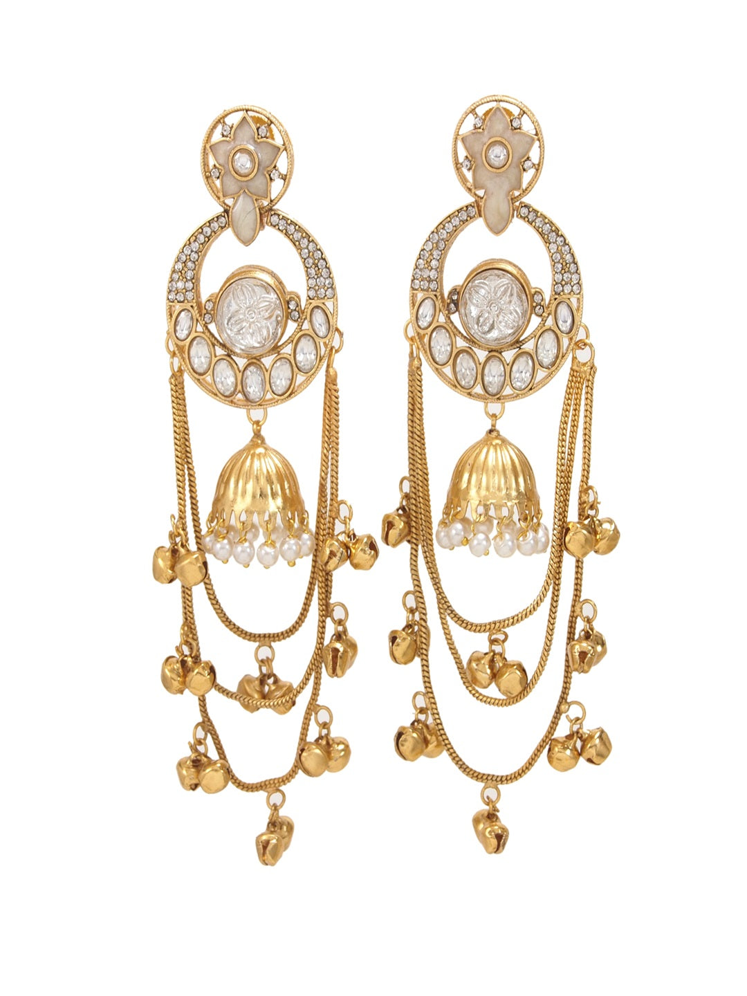 Royal Kashmiri Inspired Gold-Plated Earrings with Kundan and Ghungroo Drops