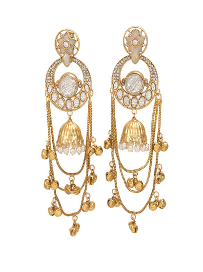 Royal Kashmiri Inspired Gold-Plated Earrings with Kundan and Ghungroo Drops