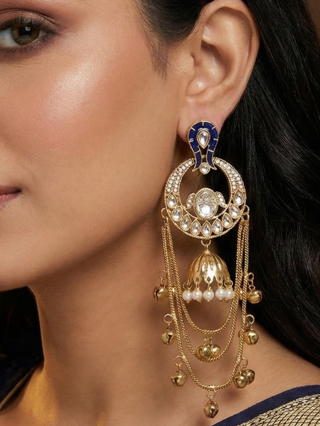 Traditional Gold-Plated Kashmiri Drop Earrings with Pearl Accents