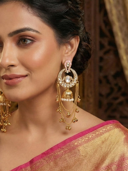 Traditional Gold-Plated Kashmiri Drop Earrings with Pearl Accents