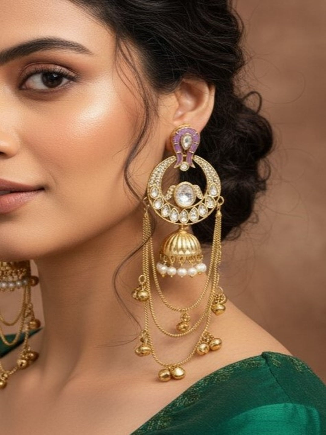 Traditional Gold-Plated Kashmiri Drop Earrings with Pearl Accents