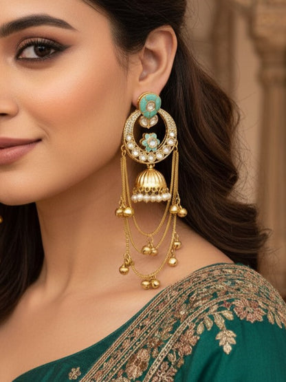 Ethnic Kashmiri Style Gold-Plated Drop Earrings with Kundan & Bell Tassels