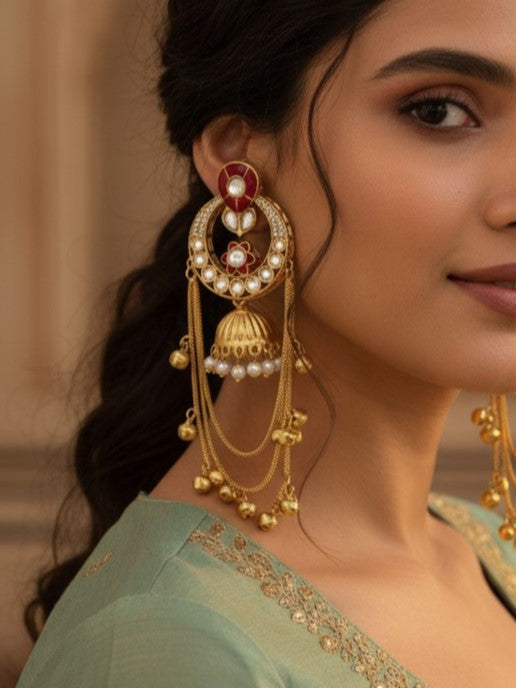 Ethnic Kashmiri Style Gold-Plated Drop Earrings with Kundan & Bell Tassels