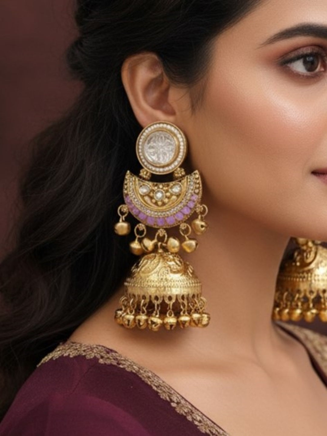 Gold-Plated Kashmiri Jhumka Earrings with Kundan Work & Ghungroo Danglers