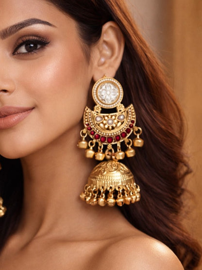 Gold-Plated Kashmiri Jhumka Earrings with Kundan Work & Ghungroo Danglers