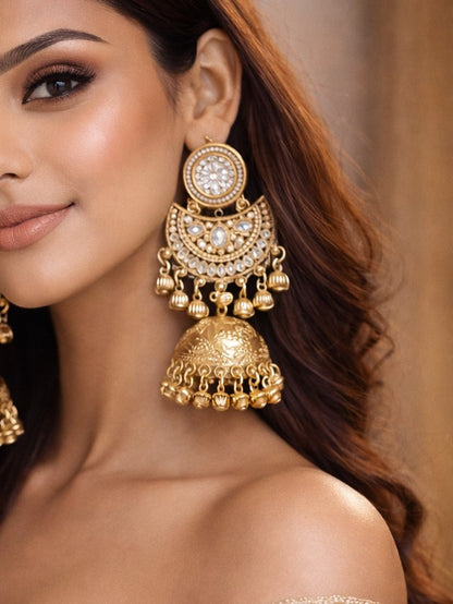 Gold-Plated Kashmiri Jhumka Earrings with Kundan Work & Ghungroo Danglers