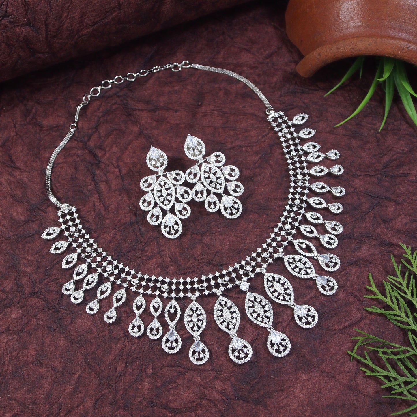 White American Diamond Silver Brass Necklace with Earrings