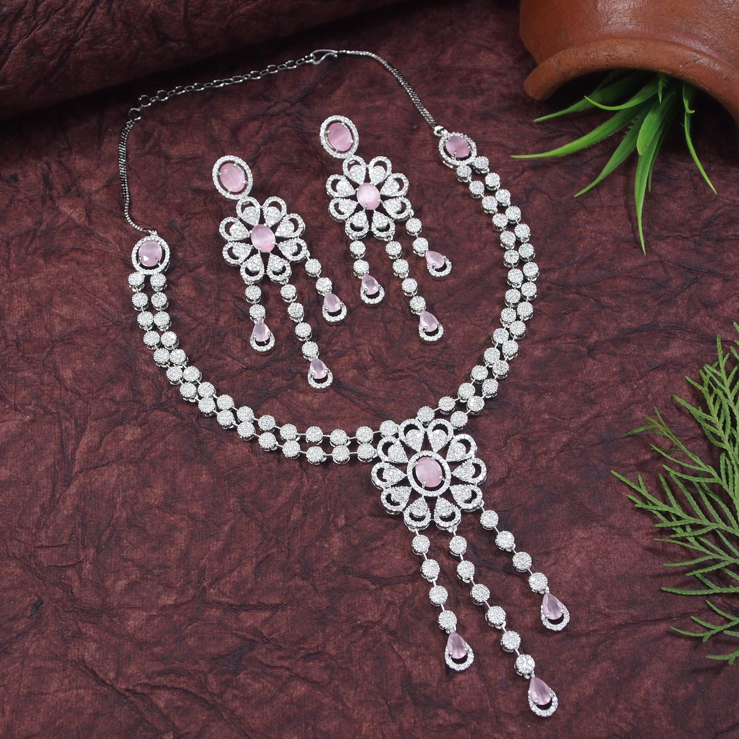 Zircon Pink Silver Brass Necklace