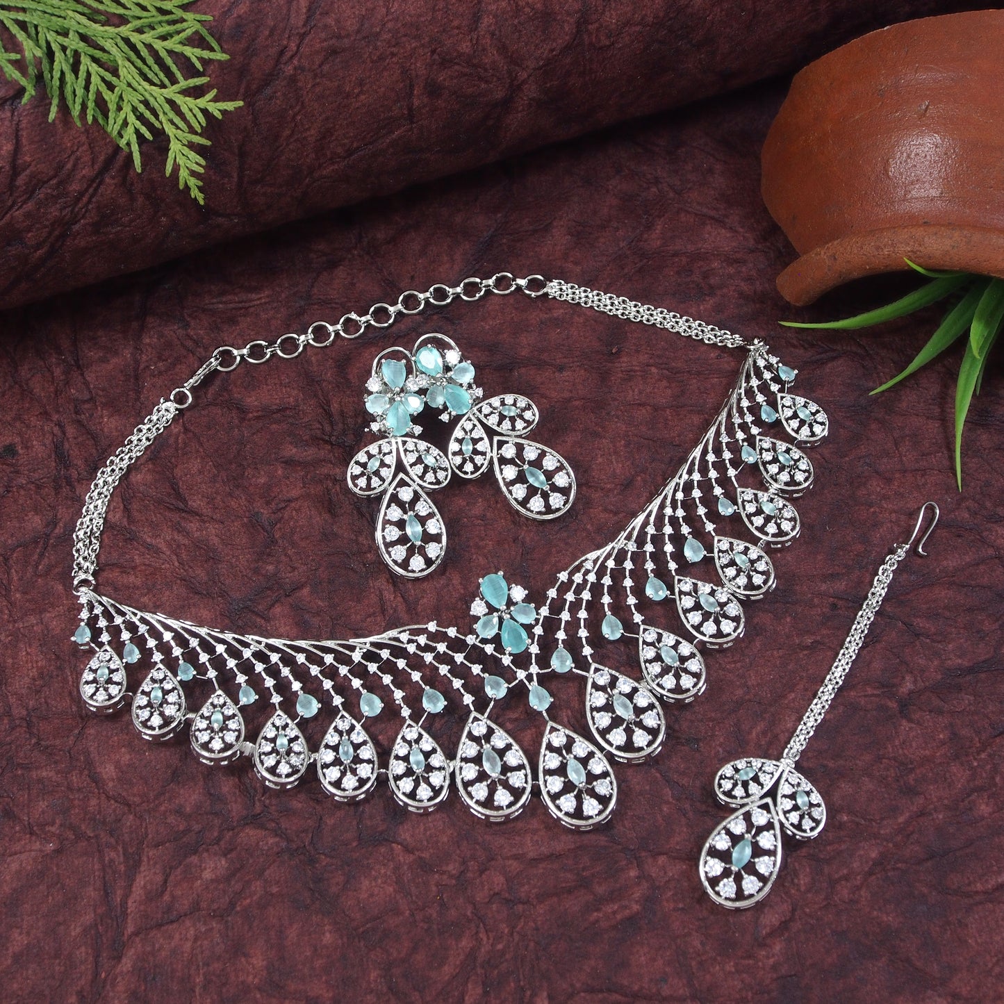 Zircon Mint Silver Brass Chokar Necklace