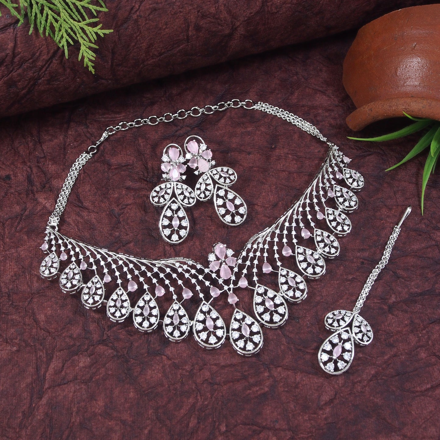 Zircon Pink Silver Brass Chokar Necklace